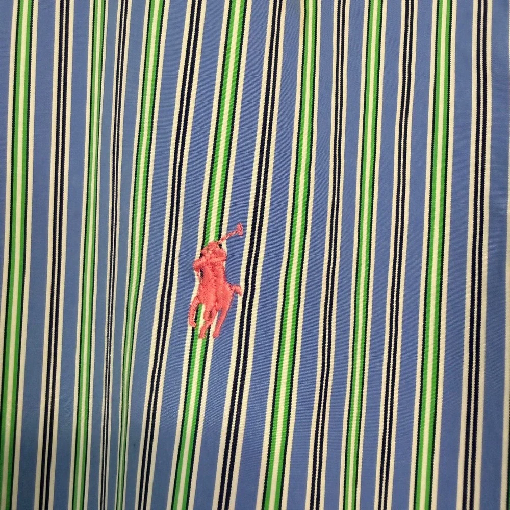 Polo Ralph Lauren Regent Custom‎ Fit Striped Button Down Shirt Blue Green Mens M